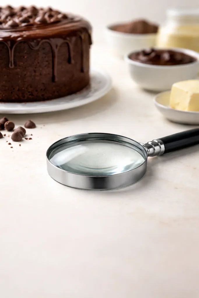 Rich Chocolate Ganache Cake for Birthdays 13 Close-up of a magnifying glass on a plain white surface symbolizing troubleshooting in baking