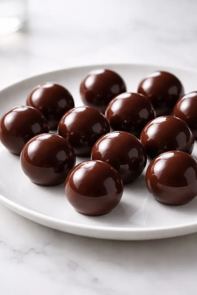 8 Easy Chocolate Dessert Recipes to Try 7 Close-up of glossy chocolate truffles on a white plate