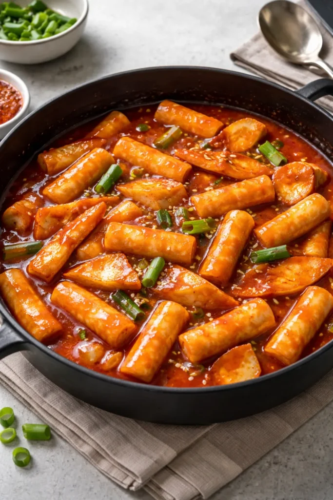 12 Easy Korean Recipes for Weeknight Dinners 3 Tteokbokki rice cakes in a bright red spicy sauce