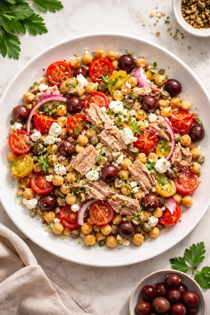 Mediterranean tuna and chickpea salad with feta on a plate