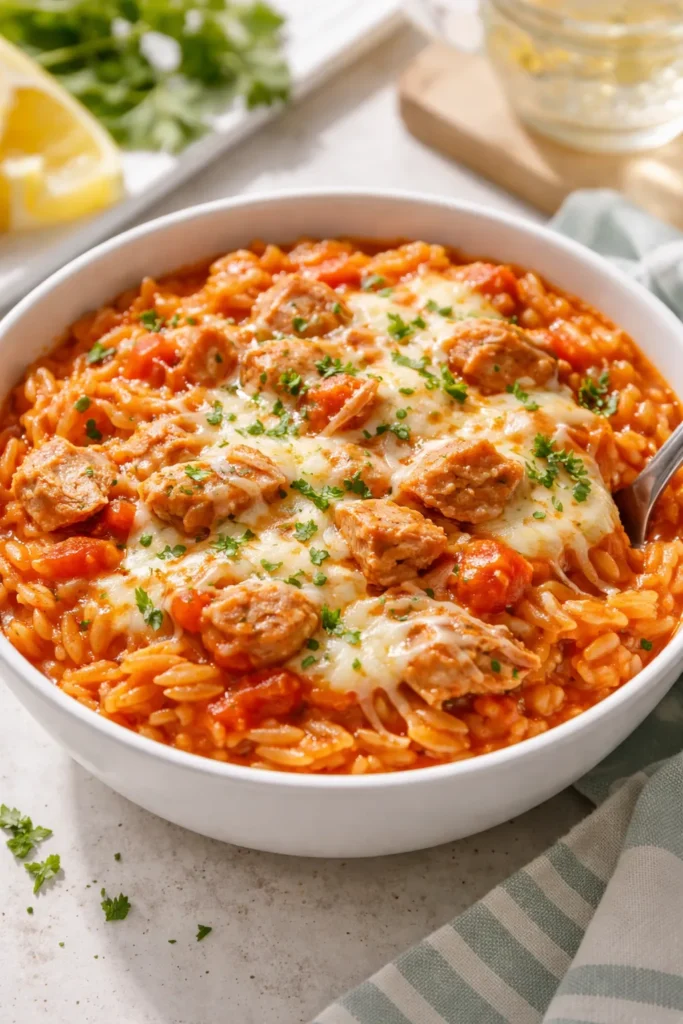 12 Kid-Friendly Dinners Beyond Chicken Nuggets 7 Close-up of creamy tomato orzo with tuna and melted cheese in a white bowl
