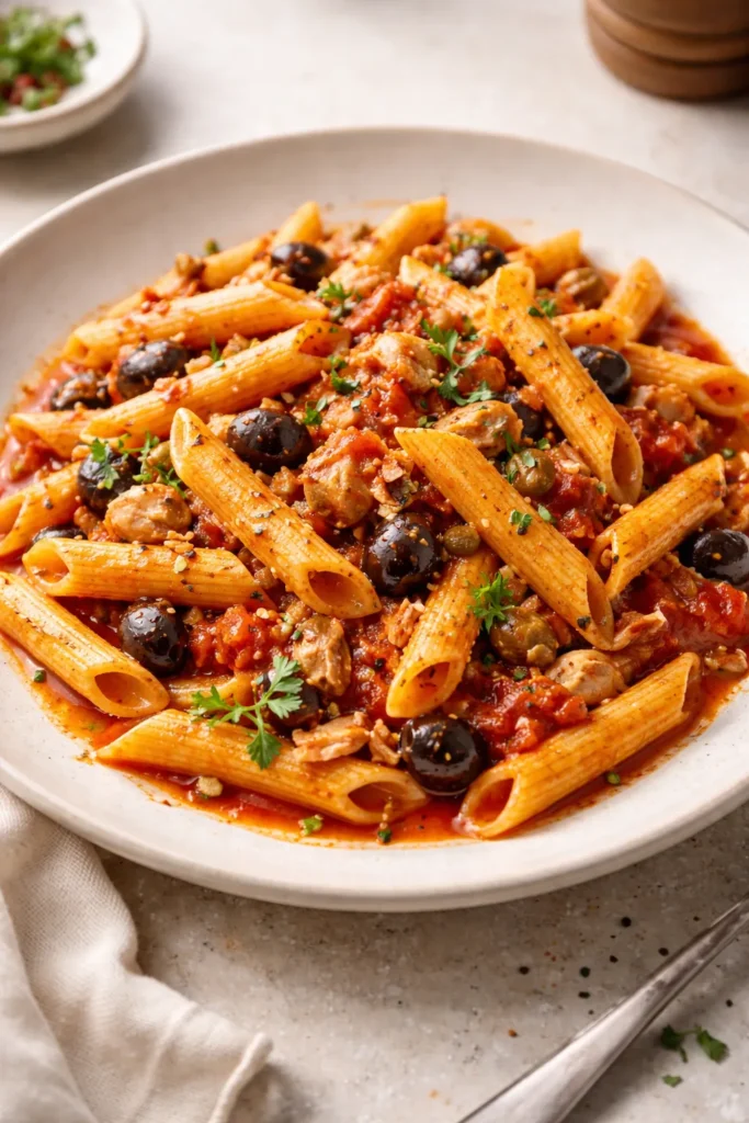 Penne with tuna, capers, olives in tomato sauce on plate