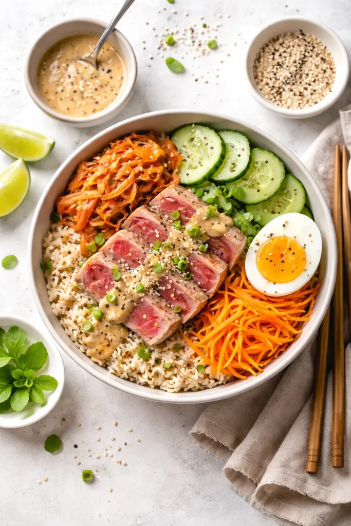 8 Protein Bowl Recipes to Eat After the Gym 6 Top-down tuna power bowl with sesame dressing, kimchi, cucumber, carrot, and egg