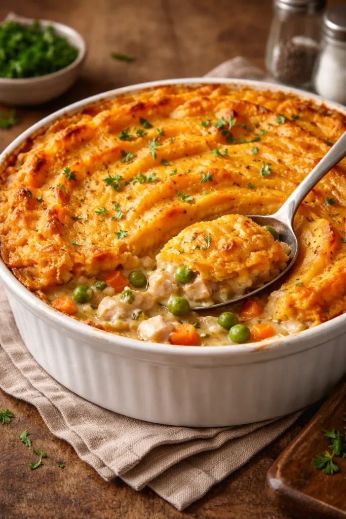 8 Leftover Turkey Recipes That Taste Better 4 Pot pie topped with golden sweet potato topping