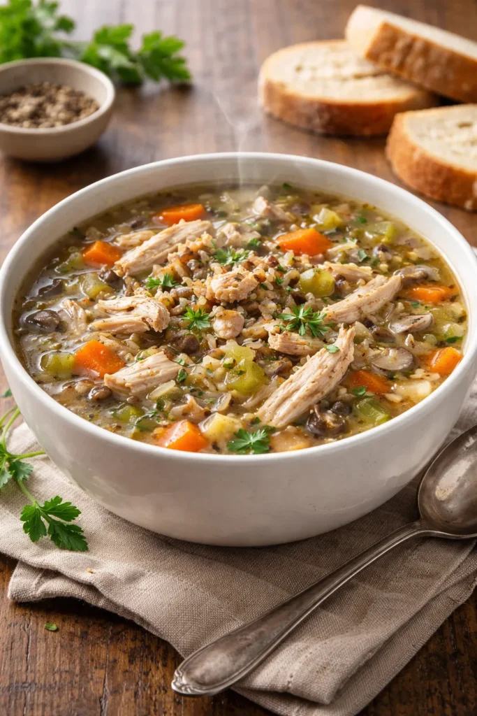 8 Leftover Turkey Recipes That Taste Better 3 Bowl of turkey wild rice soup with visible grains and turkey pieces