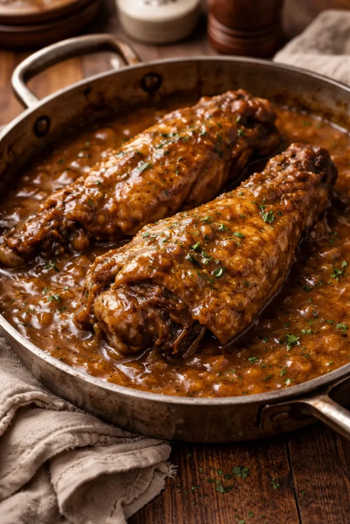 Turkey wings smothered in rich brown gravy on a plate