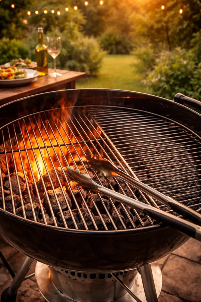 8 Grilled Dinners for a Summer Night 9 Grill with two-zone fire and tongs on grate