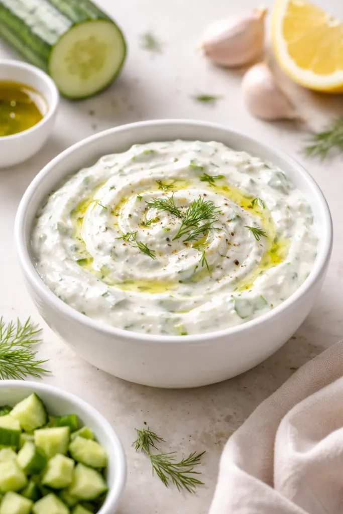 10 Homemade Sauce Recipes for Any Meal 8 Thick creamy tzatziki in a white bowl with smooth surface