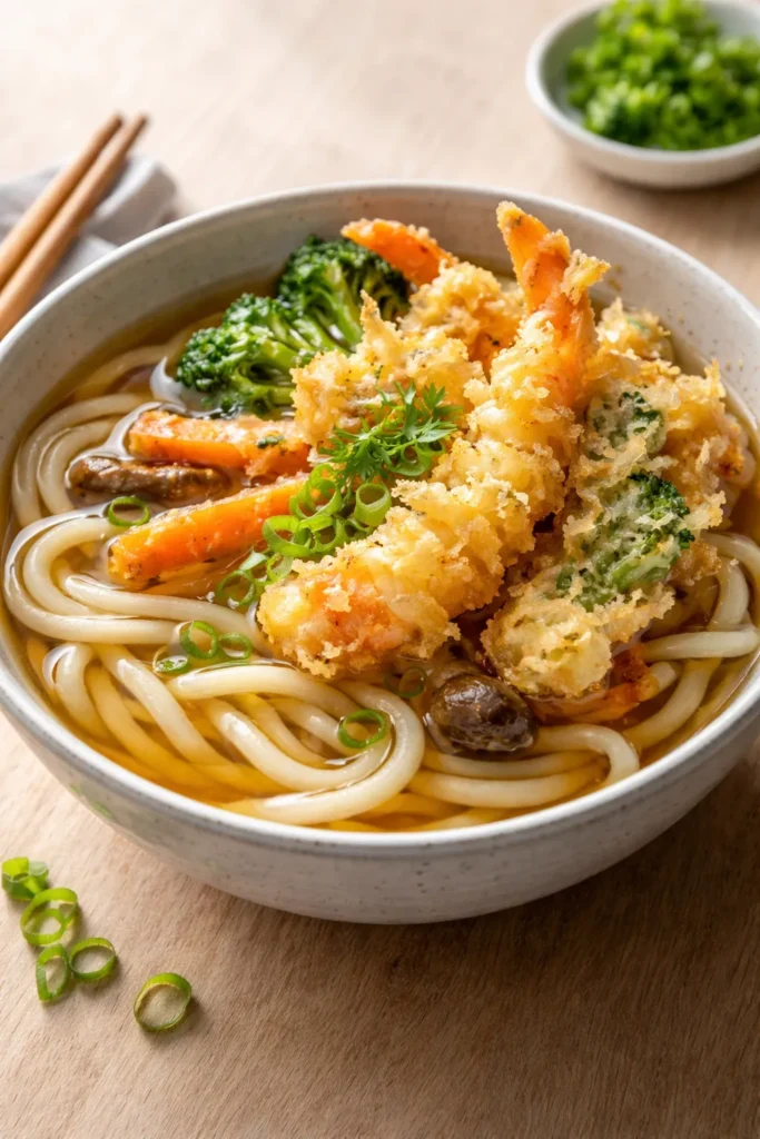 Close-up of udon bowl with dashi broth and crispy vegetable tempura