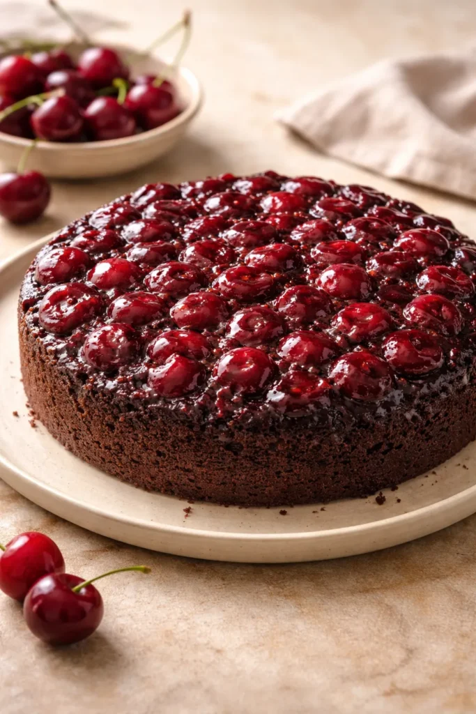 10 Easy Chocolate Cherry Desserts for Cravings 5 Round chocolate cherry upside-down cake with glossy cherry topping