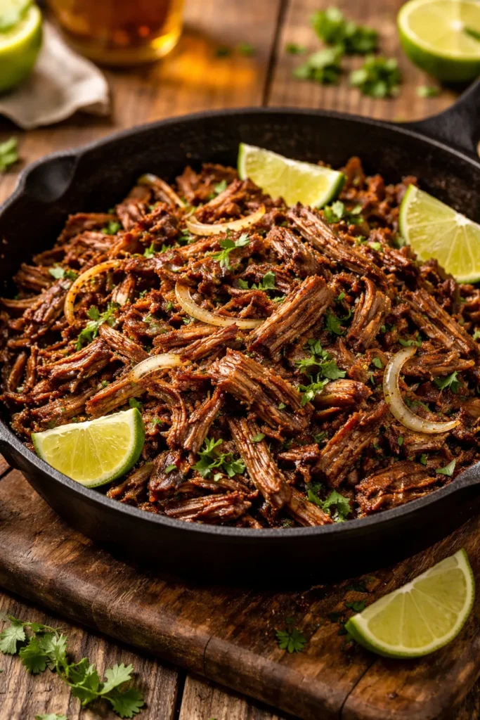 Close-up of crispy caramelized shredded beef in a cast iron skillet