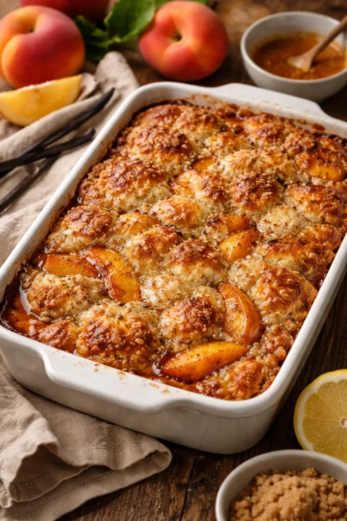 Simple Homemade Peach Cobbler From Scratch 9 Peach cobbler with vanilla bean seeds and browned butter in a baking dish