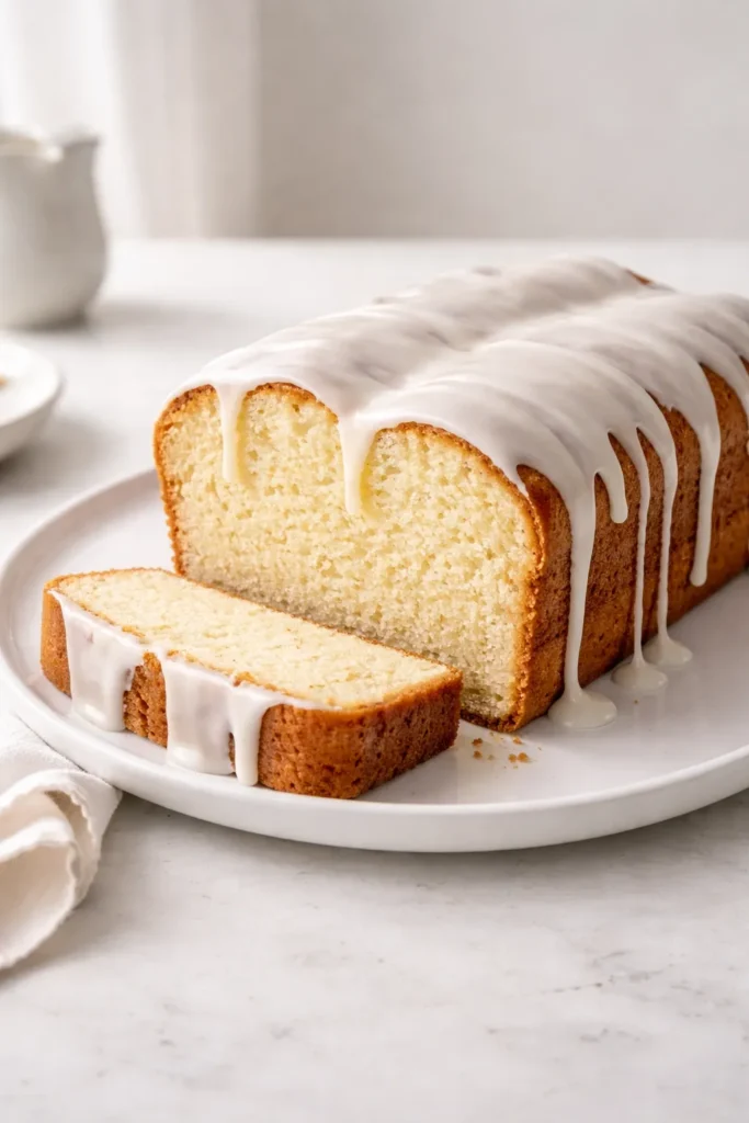 10 Beautiful Bundt Cakes for Beginners 1 Classic vanilla pound cake with light glaze on white plate, minimalist presentation