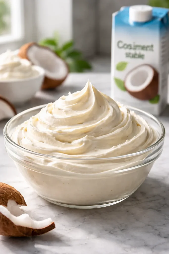 Smooth vegan buttercream in a glass bowl with coconut milk in background
