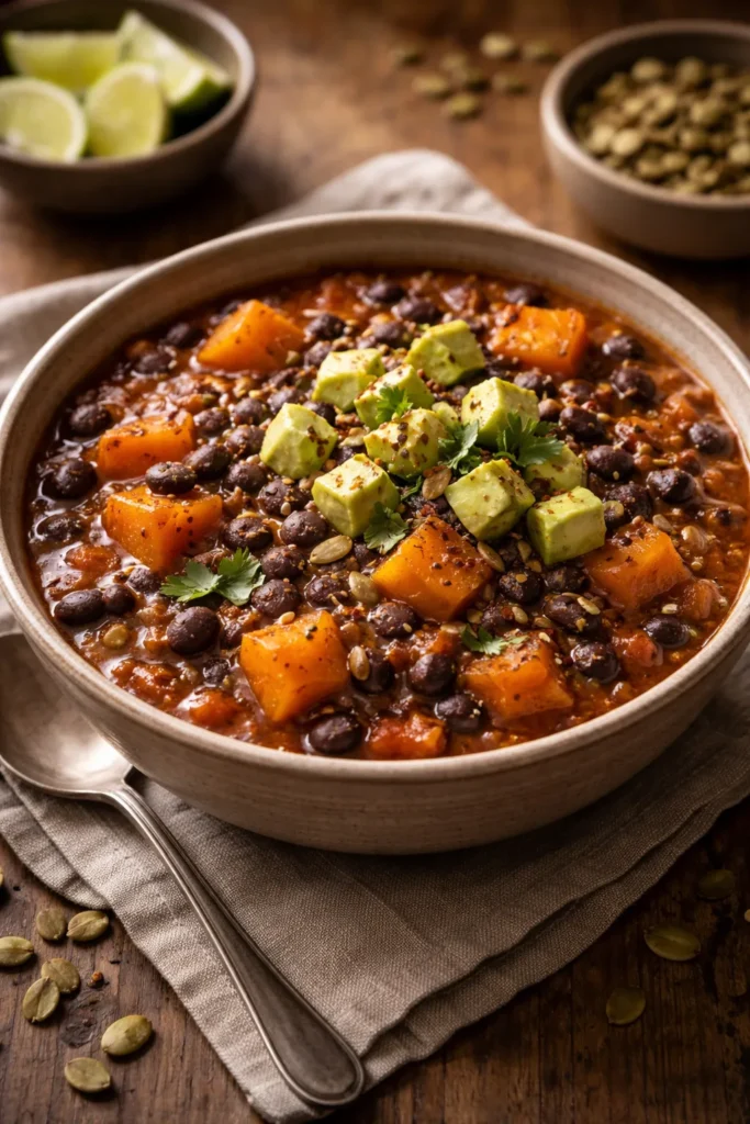 Butternut squash and black bean chili with avocado and pepitas
