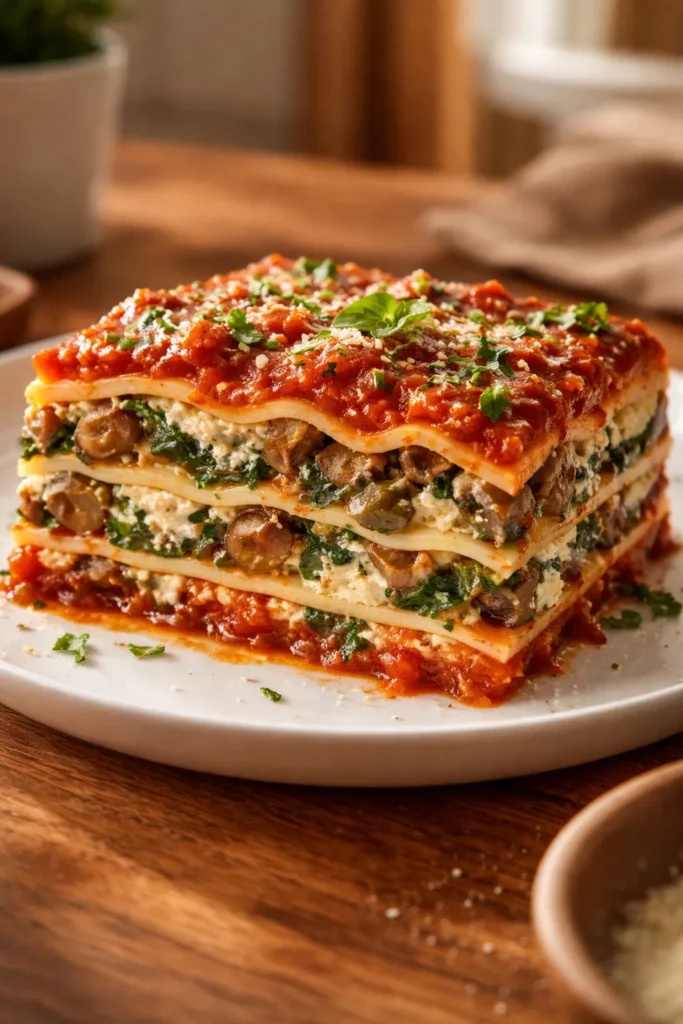 Close-up of a vegan lasagna slice showing pasta layers, mushroom-spinach filling, and cashew ricotta.