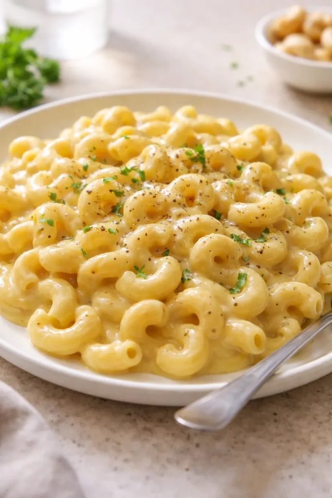 Creamy vegan macaroni and cheese with cashew cheese sauce on pasta.