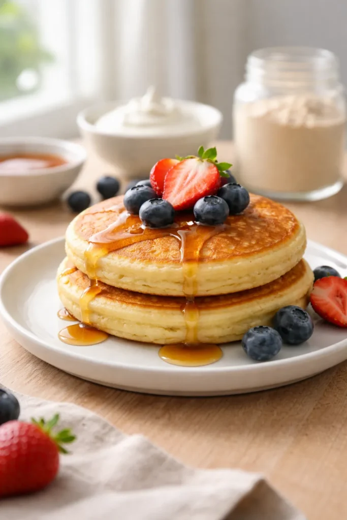 Two golden vegan protein pancakes stacked on a white plate with soft shadows