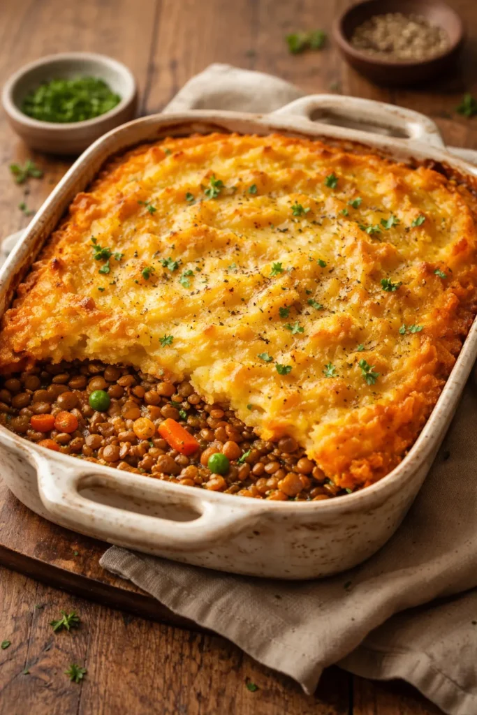 Side view of vegan shepherd's pie in a baking dish with golden mashed topping and visible filling