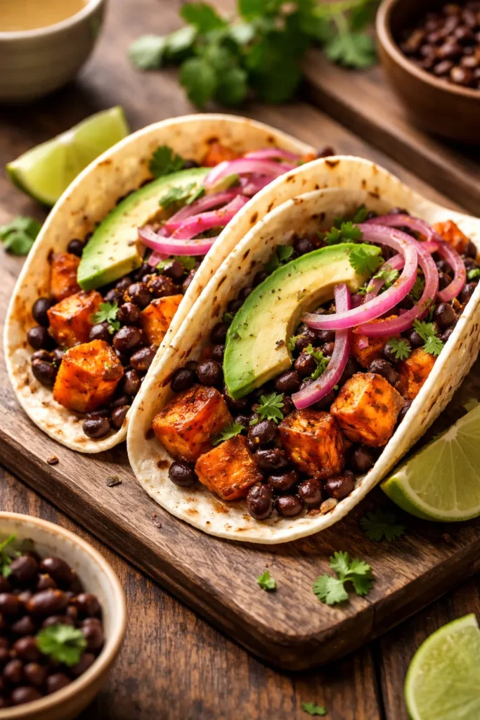 Close-up of black bean and sweet potato tacos with avocado on a plate
