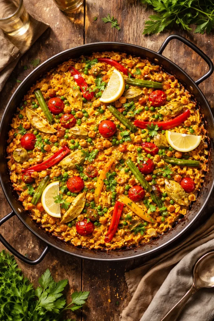 Colorful vegetable paella with saffron rice in a wide pan.