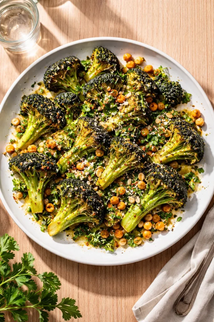 10 Veggie Sides That Outshine the Main Dish 1 Close-up of a vegetable side with crispy-tender texture and glossy herb oil