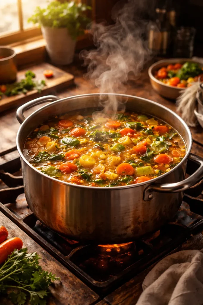 8 Vegetable Soup Recipes for Cold Nights 13 Close up of steaming vegetable soup in a pot on a stove in a cozy kitchen