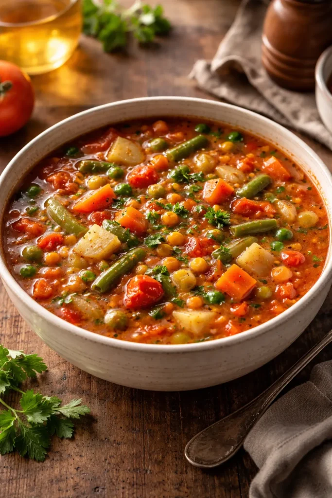 8 Vegetable Soup Recipes for Cold Nights 1 Steaming bowl of Classic Hearty Vegetable Soup with mixed vegetables in tomato broth