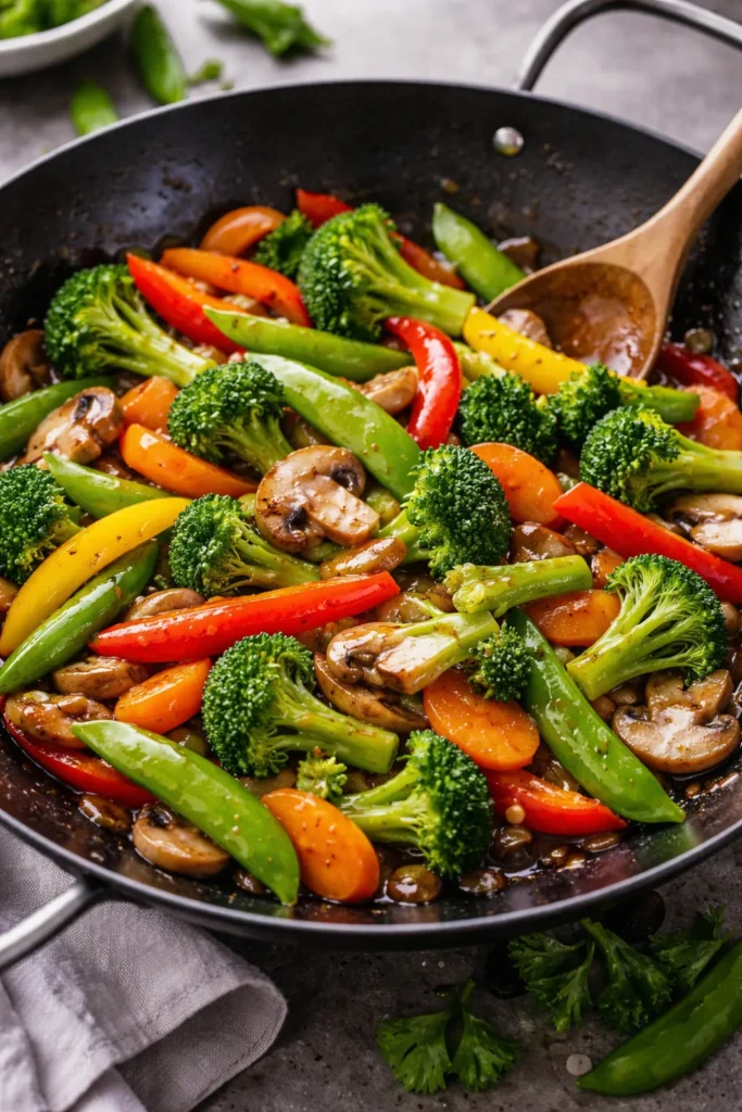 Colorful vegetable stir fry with glossy sauce