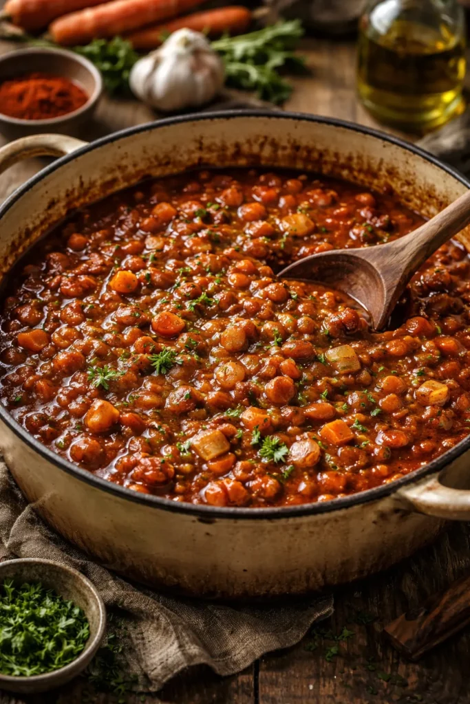 8 Baked Bean Recipes for Summer BBQs 6 Close-up of Smoky BBQ Vegetarian Baked Beans in a pot.