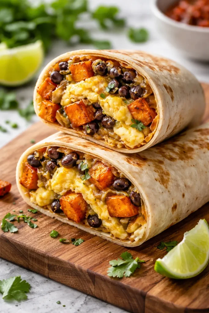 8 Breakfast Burrito Recipes for Meal Prep 8 Cross-section of vegetarian burrito with sweet potato black beans eggs cheese