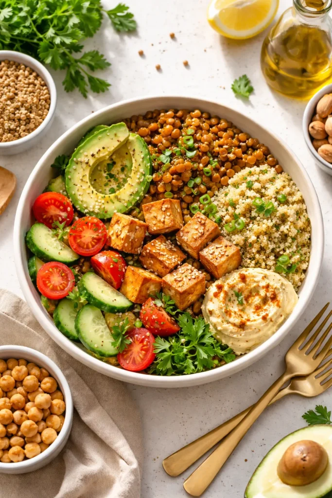 8 Vegetarian Dinners That Fill You Up 1 Protein-packed vegetarian dinner bowl with lentils, tofu, and quinoa