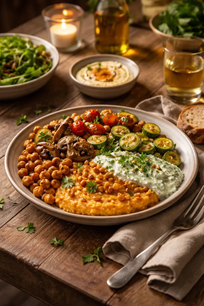 8 Vegetarian Dinners That Fill You Up 11 Plate of comforting vegetarian dinner in warm kitchen light
