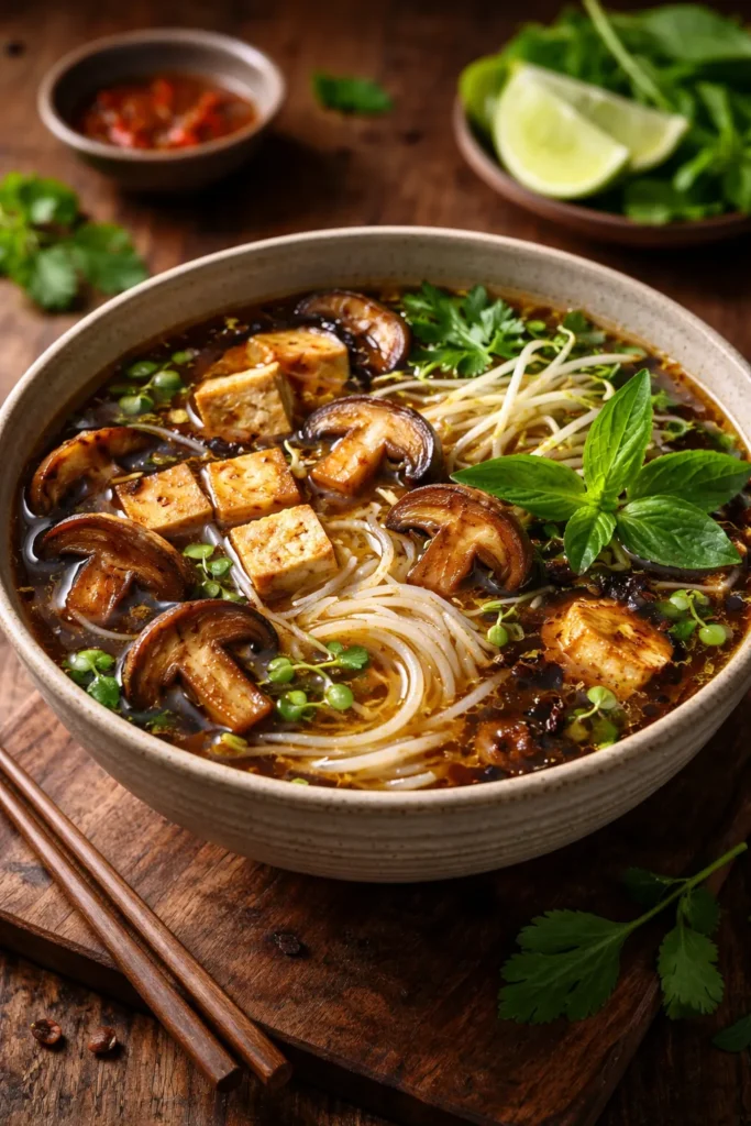 Vegetarian pho bowl with mushroom broth, tofu, noodles and herbs.