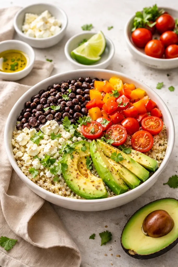 8 Protein Bowl Recipes to Eat After the Gym 9 Top-down view of Basic Vegetarian Protein Bowl with beans, veggies, avocado, and feta