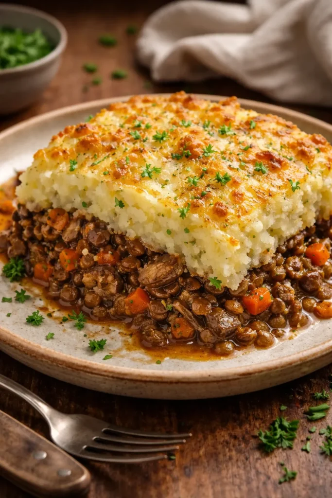 8 Vegetarian Dinners That Fill You Up 9 Slice of vegetarian shepherd's pie showing lentil filling and mashed potato