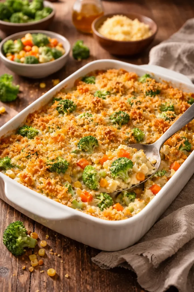 Close-up of a baked veggie casserole with a crumb topping in a glass dish on a wooden table