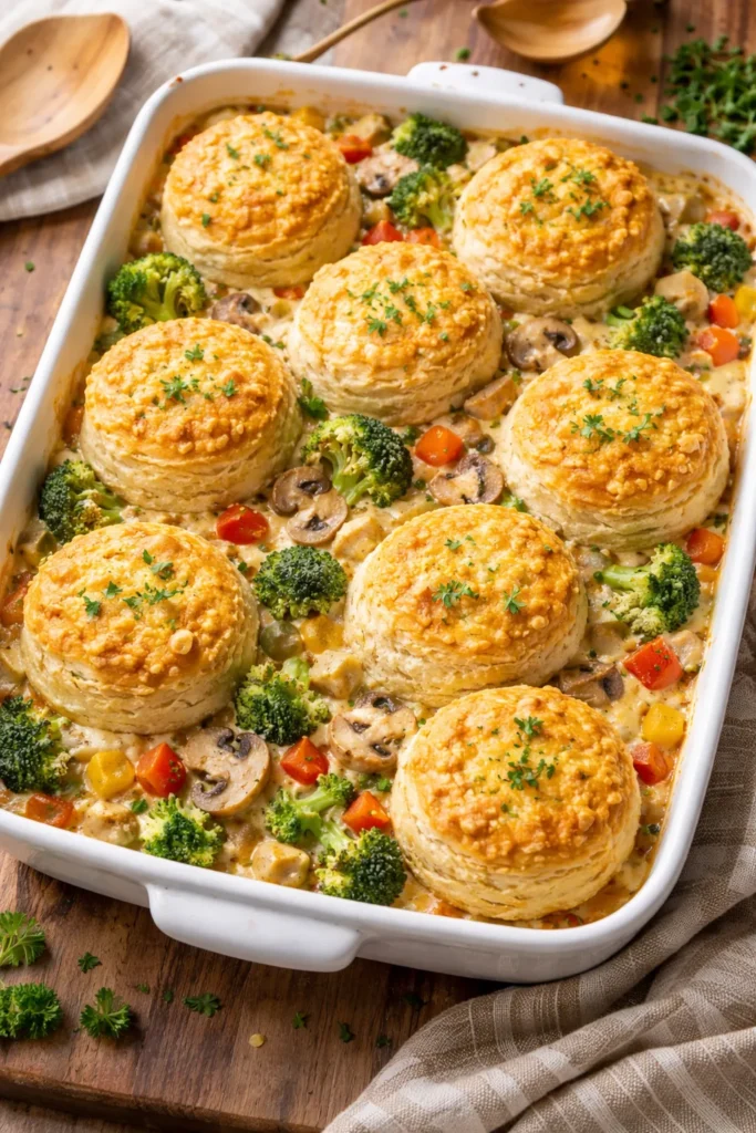10 Chicken and Biscuit Dinners for Cozy Nights 10 Veggie-packed chicken and biscuits in a baking dish with colorful vegetables