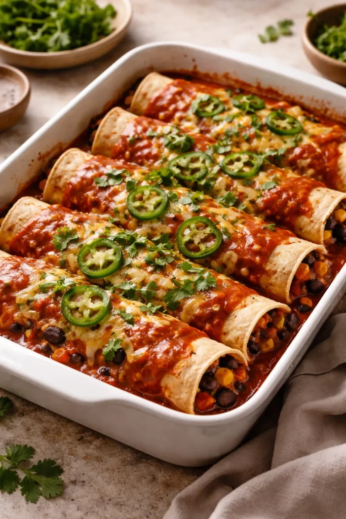Veggie black bean enchiladas in red sauce