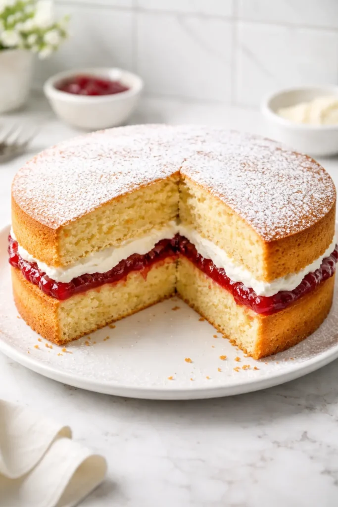 Victoria sponge cake with jam and cream layers