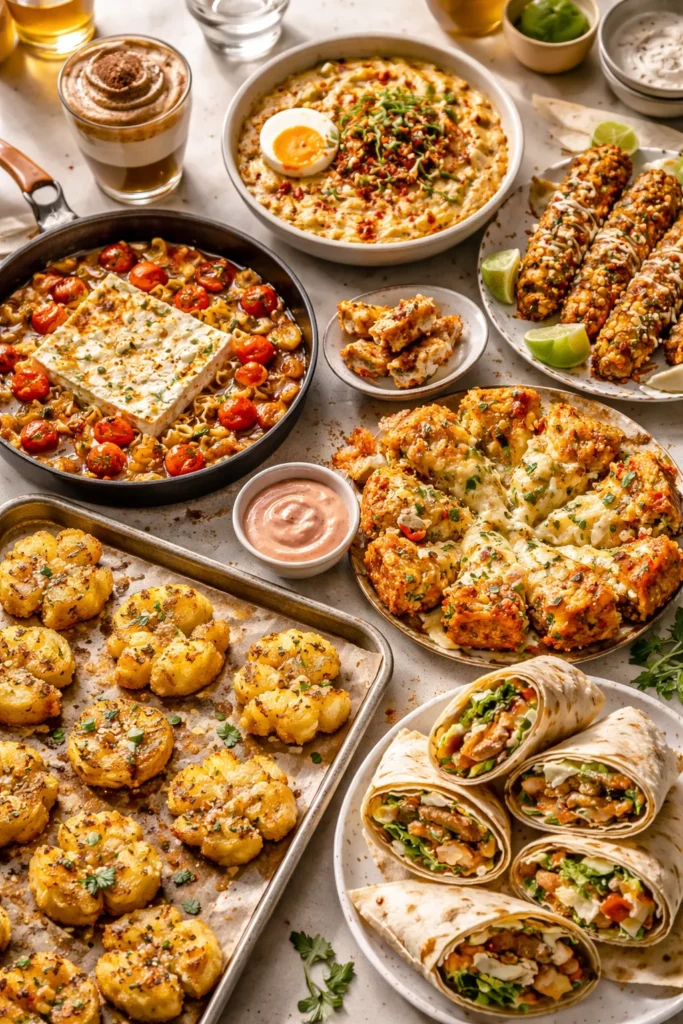 Variety of finished viral dishes arranged on a table