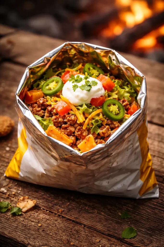10 Campfire Recipes Even Kids Can Help With 12 Open chip bag filled with seasoned meat and toppings for walking tacos