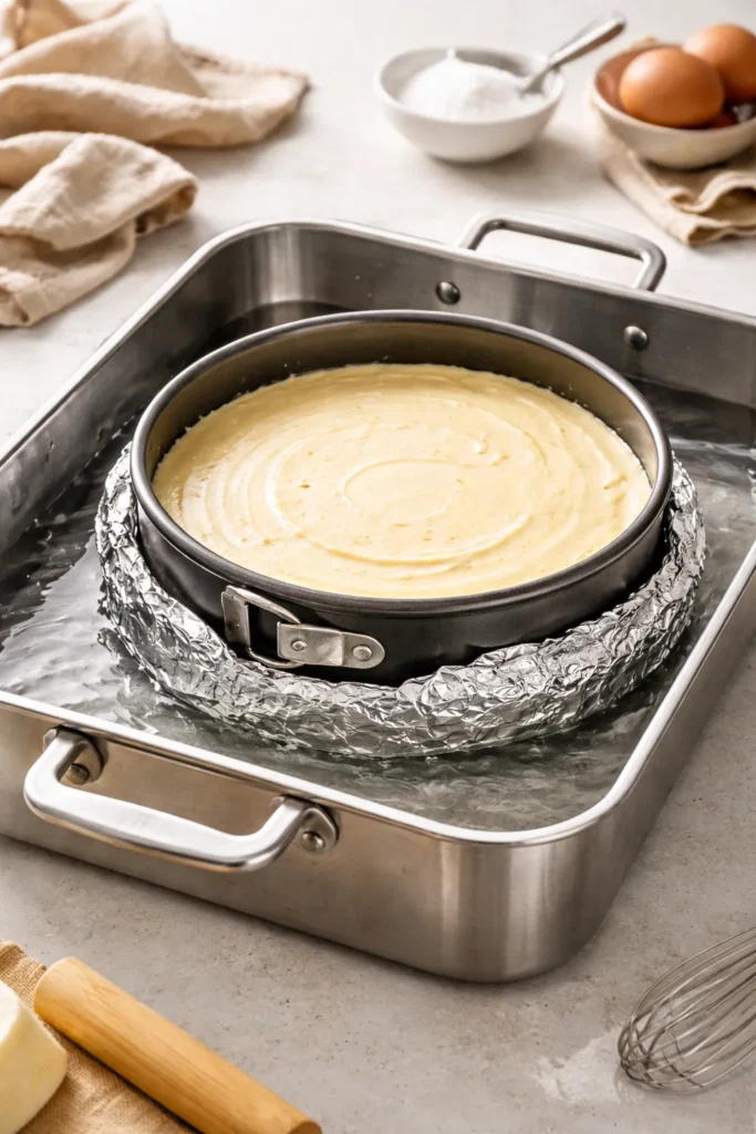 How to Bake a Rich Cheesecake Without Cracking 4 Cheesecake in water bath inside a foil-wrapped pan in a roasting dish