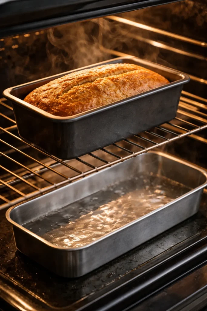 Loaf pan above water pan with steam in oven