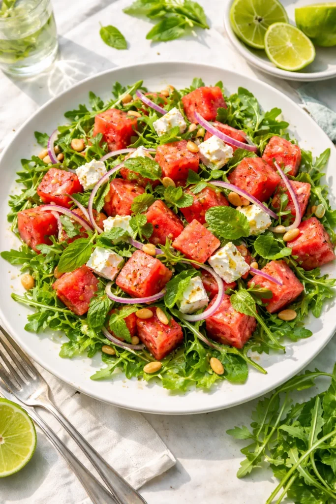 Watermelon feta arugula salad on a plate