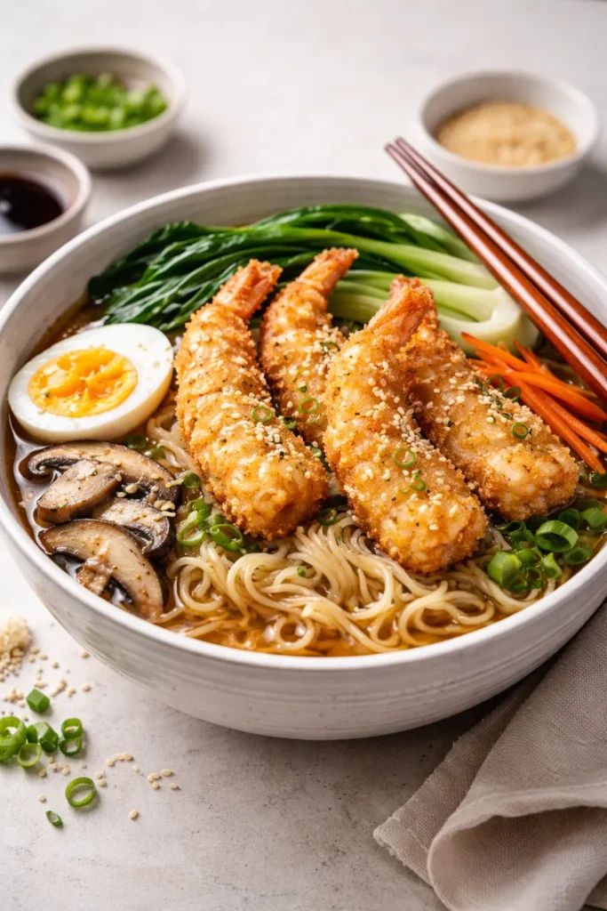 Close-up of Quick Weeknight Shrimp Tempura Ramen with panko shrimp.