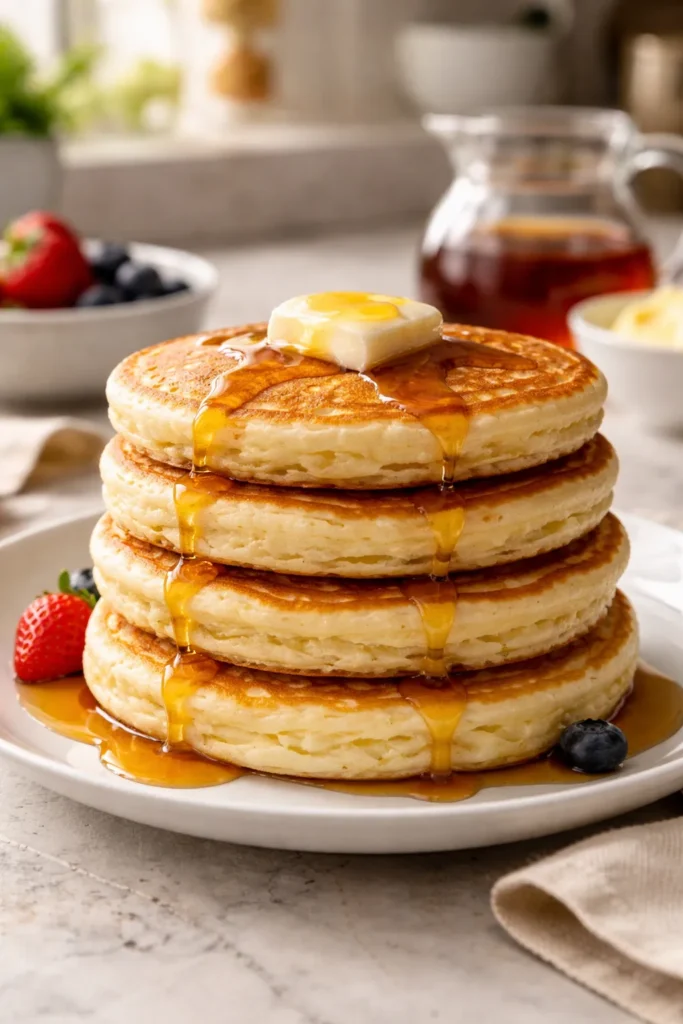 Stack of fluffy whey protein pancakes with a golden crust