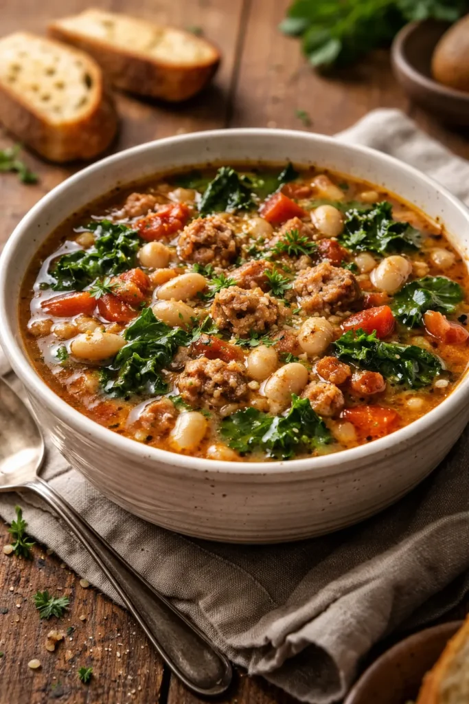 Bowl of white bean and sausage soup with greens