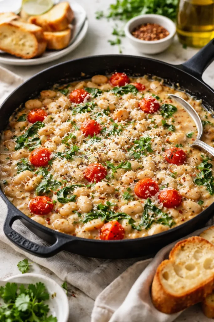 8 Mediterranean Dinner Recipes for Weeknights 6 Creamy white beans with garlic and Parmesan in a skillet