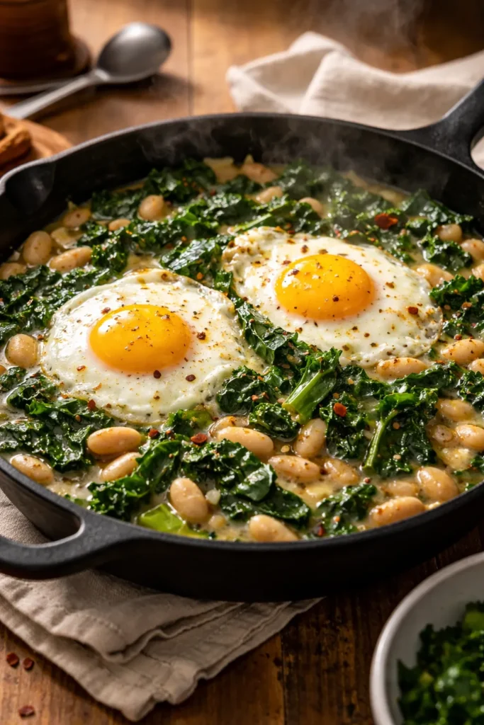 10 Easy Dinners for When You're Too Tired 10 Cast-iron skillet with white beans, greens, and two runny eggs